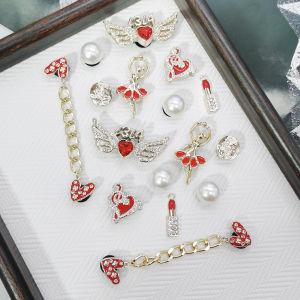16PCS Valentine Golden Red Shoe Charms DIY Heart Chain Accessories Love Clogs Shoes Buckle Decoration Bling Faux Pearl Shoe Clip