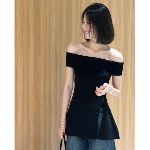 YUEZHONGWEI | White Slim-Fitting Ice Silk Knit Top with Slit and Off-Shoulder Design