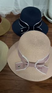 หมวกสานทรงกลม แต่งโบว์ สร้างสรรคลุมการวิธีการ สินค้าพร้อมส่งจากไทย - A046