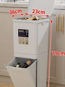 Large Capacity Kitchen Trash Can with Lid Wet Dry Separation Portable Home Use Garbage Bin Plastic Long Cylinder Shape