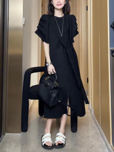 Elegant Slimming Belted Slit Short Sleeve Dress Black