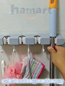 Giá Đỡ Chổi 4 Lỗ Kẹp Cây Lau Nhà 5 Móc Treo Khăn Bàn Chải Cọ Tắm Đa Năng Hamart Dán Tường Siêu Dính