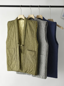 เสื้อกั๊กผ้าฝ้ายลินินสไตล์ญี่ปุ่นสำหรับผู้หญิงในฤดูหนาว ทรงย้อนยุคจีน ทรงเข็มขัด ทรงชาติพันธุ์ ทรงหนา แจ็คเก็ตเสื้อกั๊ก