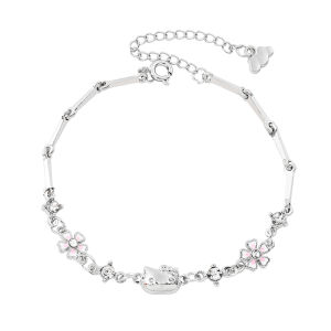 Sanrio | Cute Hello Kitty Delicate Bracelet Zinc Alloy Silver Tone with Sakura Flower and Rhinestone Details Adjustable Chain