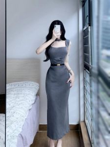 French Grey แขนกุด เอว -Cinched เดรส สูง เอว มีเข็มขัด ยาว กระโปรง ทรงเอ Silhouette Commute Style Square ปกเสื้อ ฤดูร้อน