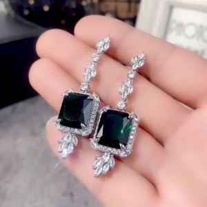 Huitan Geometric Square Green Cubic Zircon Dangle Earrings Sparkling Crystal CZ Luxury Ear Accessories for Women Wedding Jewelry