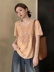 Embellished Short-sleeve V-neck Slimming Plus Size Womens Summer Shirt