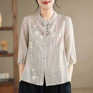 Elegant Cotton Linen Embroidered Shirt Stand Collar Seven Sleeve Women Summer Fashionable Thin Top Heavy Work Artistic Style