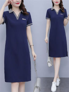 POLO ชุดเดรสฤดูร้อนของผู้หญิงพร้อมคอพิมพ์ดีไซน์กระชับสัดส่วนกีฬาลําลองกระโปรงเสื้อยืดยาวปานกลางสําหรับงานเลี้ยงวันเกิด