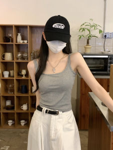 Áo Ba Lỗ Không Dây Màu Xám Phong Cách Mỹ Cạp Cao Có Đệm Ngực Áo Khoác Ngoài Mùa Hè Cho Nữ Áo Ngắn Mặc Trong