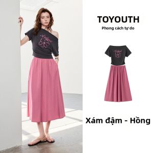 Toyouth | Bộ Quần Áo T-Shirt Ngắn Vai Trễ Hoa và Chân Váy