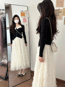 Vacation White Tulle Skirt Layered Cake Skirt Womens Midi Skirt Autumn Winter plus Size Two Piece Set Fluffy Skirt