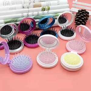 Sisir Rambut 2 IN 1 Cermin Mini Lipat Bulat Kaca Makeup Kecil Travel Massage Hair Comb Anti Kusut - Distributor