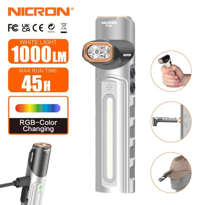 NICRON%20PT10%20Rechargeable%20Flashlight,%201000%20Lumens%20EDC%20Flat%20Flashlight%20with%2090%C2%B0%20Rotatable%20Head%20and%20Strong%20Magnet,%204%20Modes%20White/UV/Warm/RGB,%20IPX4%20Waterproof,%20Hands%20Free%20Flashlight%20for%20Camping,%20Emergency%20-%20Image%202