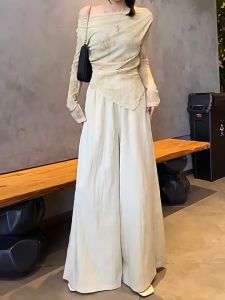 White july🌸กางเกงขาเว้าผู้หญิง กางเกงวินเทจ กางเกงขากว้างเอวยางยืดสไตล์ชิวๆ กางเกงขากว้างทรงหลวมทรงเดรปสไตล์ฮอต