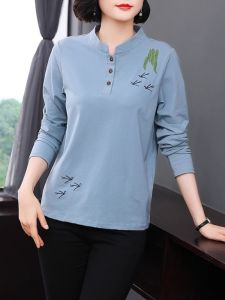 Pure Cotton Long Sleeve Base Shirt Vintage Chinese Style Autumn Outwear Womens Top for Middle-Aged And Elderly Embroidered T-Shirt