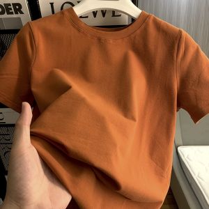 Slim Fit Pure Cotton round Neck Short Sleeve T-Shirt Womens Versatile New Style Solid Color Commute Top Korean Version Straight Cut