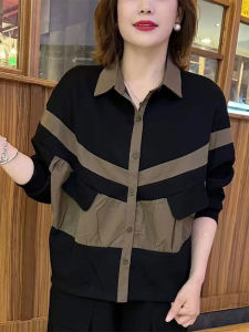 Fashion Patchwork Contrast Color Lapels Shirt Female 2024 Autumn New Mothers Clothes Easiest for Match Loose Casual Long Sleeves Tops