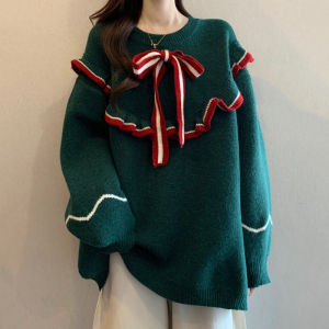 Christmas Atmosphere Green Shoulder Length Knitwear Womens Large Size Autumn Winter New Style Commute Loose Fit round Neck