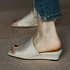 Fermina Flats Wedge Slippers Womens Summer Outwear White Sandals Minimalist Versatile Semi-Slipper Open Toe Vacation