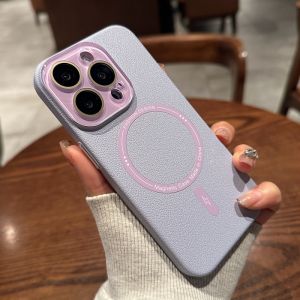 Suitable for iPhone 15 Phone Case Apple 14promax New Arrival Lychee Pattern 13pro with Lens Protector All-Inclusive 12 Fancy Elegant 14plus Purple MagSafe Magnetic Charging Protective Case