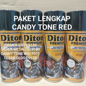 Pilok Cat Diton Premium Paket Lengkap 4 kaleng Candy Red Merah 9311 Primer Grey Epoxy 9120 Silver Metalic 9180 Clear Glossy 9128 400cc Pilox Paketan Cat Semprot Special Spray Paint
