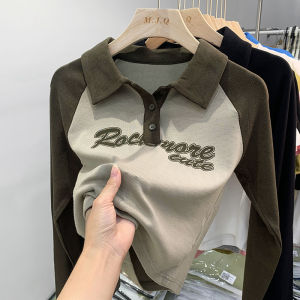 Slim Fit Short Sleeve Polo Neck T-Shirt Womens Fashion Autumn Winter New Style European Goods Letter Print Long Sleeve T-Shirt