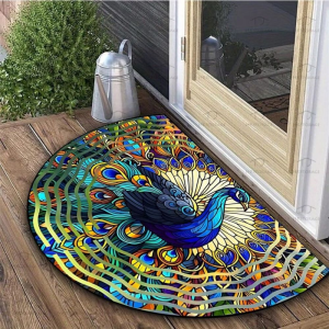 VIKAMA Half Round Peacock Feather Colorful Bird Art Crystal Velvet Door Mat Non Slip Entryway Bedroom Living Room Home Decor
