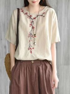 Retro Artistic Floral Embroidery Cotton Linen T-Shirt Summer New Loose Large Size round Neck Short Sleeve Womens Top