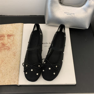 รองเท้าส้นแบนหัวมนตาข่ายประดับเพชรประดับโบว์ผีเสื้อแบบสวมหัวสำหรับผู้หญิงในฤดูร้อนปี 2024 รองเท้าส้นแบนพื้นนุ่มสไตล์เจ้าหญิง