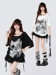 ENJOG American Style Spicy Girl Butterfly Print Show Clavicle Short Sleeve Womens Top Small Audience Design Summer T-shirt