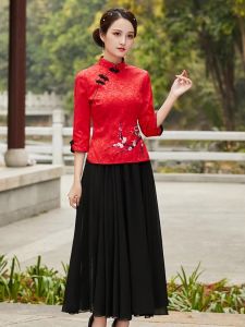 Spring Autumn New Chinese Style Republic of China Wind Improved Cheongsam Top Women Large Size Retro Tang Costume Tea Ceremony Hanfu Two Piece Set