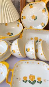 Bộ bát đĩa sứ Tulip Vàng-chén bát ăn cơm dễ thương viền vàng Decor chén dĩa đáng yêu VuaDecor
