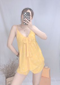 Set Bộ Ngắn Hai Dây phối nơ ngực Vải Lụa Hàn Mịn Đẹp Freesize Dưới 55kg