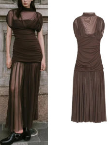 ชุดเดรสยาวคอตั้งแขนกุดผ้าตาข่ายปะติดปะต่อตกแต่งกระโปรงทรงเอผ้าฝ้ายโพลีเอสเตอร์ฤดูร้อนสำหรับผู้หญิง