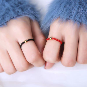 🔥Small Gold Beads Black Rope Turn Luck Beads Ring Female Couple Girlfriends Red Rope Braided Ring LovelylifeFu👍