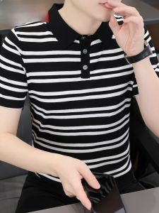 HENGYUANXIANG | Hengyuanxiang Ice Silk Knitted Short Sleeve Polo Shirt Mens Summer Casual Breathable Dad Clothes V-neck Stripe Pattern