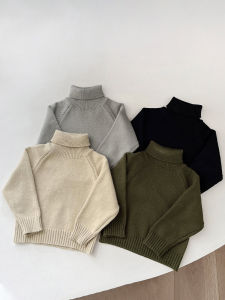K-style Boys and Girls Autumn and Winter Clothing Knitwear Fashion Baby Retro Casual Turtleneck Sweater Baby Warm Bottoming Shirt