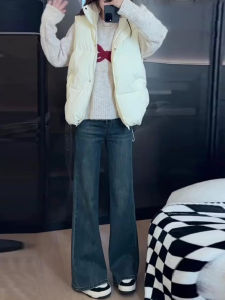 เรโทรบาน เดนิม กางเกงยีนส์ ผู้หญิง ฤดูใบไม้ร่วง ฤดูหนาว หนาขึ้น ผ้าขนแกะ ขาตรง กางเกง ขากว้างยาวพื้น กางเกงขายาว