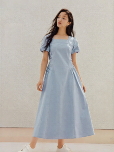 INMAN | Bubble Sleeve Square Neck A-Line Long Dress