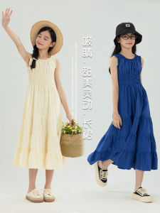 Girls Cotton Summer Dress Thin Sleeveless Bohemian Long Dress Little Girl Beach Vacation Skirt Soft Treatment French Style Pure Color