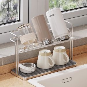 Stainless Steel Double Layer Cup Rack Inverted Glass Holder with Drip Tray Countertop Wine Glass Storage Organizer for Home