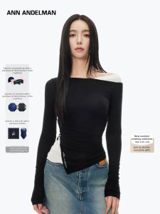 ANN ANDELMAN | Asymmetric One-shoulder Color Block False Layer Slim Fit Long Sleeve T-shirt