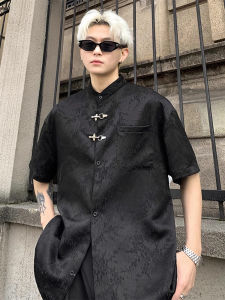 New Chinese Style Pleated Short Sleeve Shirt Mens Summer High-End Feel Floral Embroidery Stand Collar Button up Zhongshan Suit