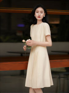 Xhange Modern Accordion Pleat Dress Naia Vinegar Acetate A-Line Midi Dress Short Sleeve round Neck Solid Color