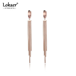 Lokaer Fashion Long Tassel Stainless Steel Hoop Earrings For Women Rose Gold Plated Chain Earrings Free Shipping aretes E17069