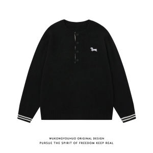 WUKONGYOUHUO | Vintage Coin Style Henry Collar Embroidered Puppy Sweater Men Casual Loose Versatile Couples