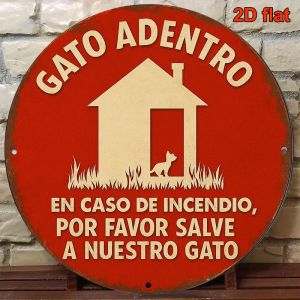 CIFbuy | 2D Metal Sign 8x8in Round Aluminum Vintage Plaque Gato Adentro Indoor Cat Fire Rescue Decor for Living Room Kitchen Pet Store Gi