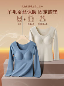 24 Autumn Heattech Intimates Womens Long Sleeve Undershirt Blouse and Pants Dralon Fleece Thickened Fall and Winter with Chest Pad Wear-Free Bra Base Tops