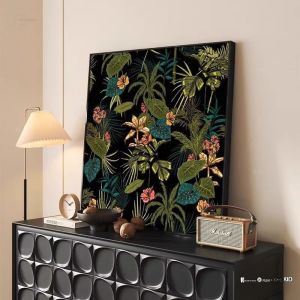 Retro Floral Wall Art Modern Decorative Painting Bedroom Living Room Bedside Metal Framed Plant Pattern Print on Cloth
